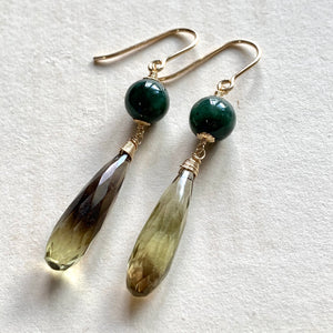 Deep Green Jade & Bi-lemon Quartz 14kGF Earrings