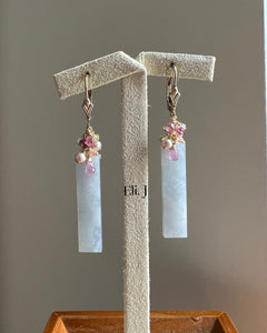Bluish Lavender Jade Bars, Pink Sapphire, Gemstones 14kGF Earrings