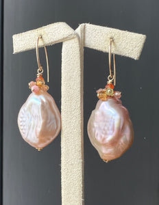 Peach-Pink Large Flat Pearls with Gems 14kGF Earrings