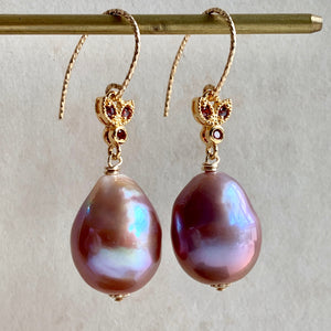 Purple-Pink Large Edison Pearls Bee 14k Gold Filled Earrings