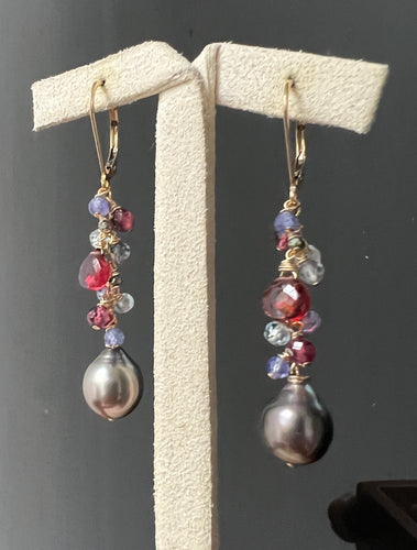 Tahitian Pearls, Garnet, Tanzanite 14kGF Earrings