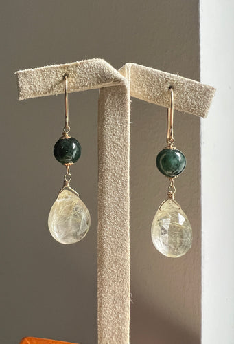 Golden Rutile, Dark Green Jade 14kGF Earrings