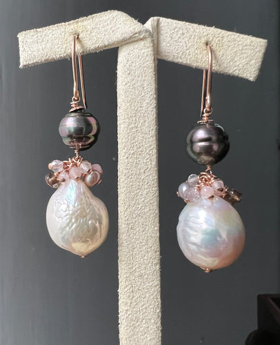 Tahitian & Freshwater Pearls, Pink Gems 14kRGF Earrings