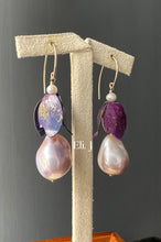 Load image into Gallery viewer, Storybook Fairies: Pink Edison Pearls, Vintage Purple Flowers 14kGF Earrings