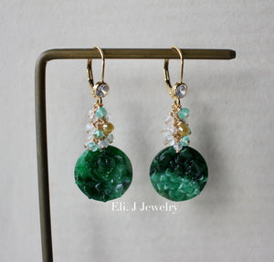 Exclusive: Peony Dark Green Type A Jadeite, Yellow Diamonds, Emerald, 14kGF Earrings