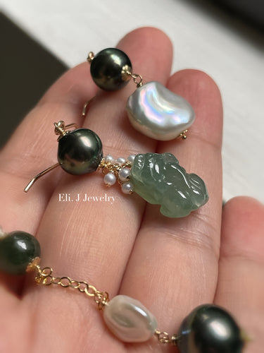 Jade Pixiu Trio: Tahitian & Freshwater Pearls