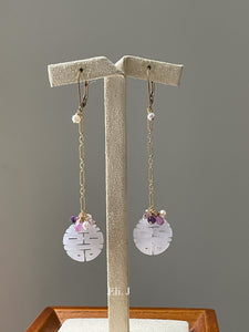 Lavender 喜喜 Double Happiness Jade, Pink Sapphire & Gems Long 14kGF Earrings