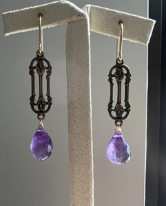 Amethyst, Vintage Brass Frame, 14kGF Earrings