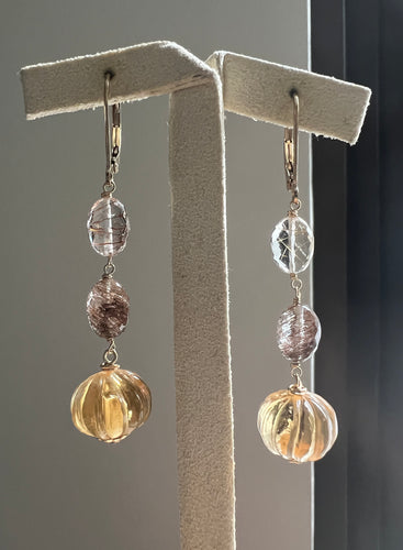 Citrine Pumpkin, Copper Rutile 14kGF Earrings