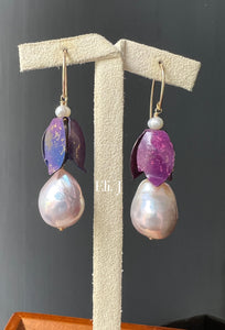 Storybook Fairies: Pink Edison Pearls, Vintage Purple Flowers 14kGF Earrings