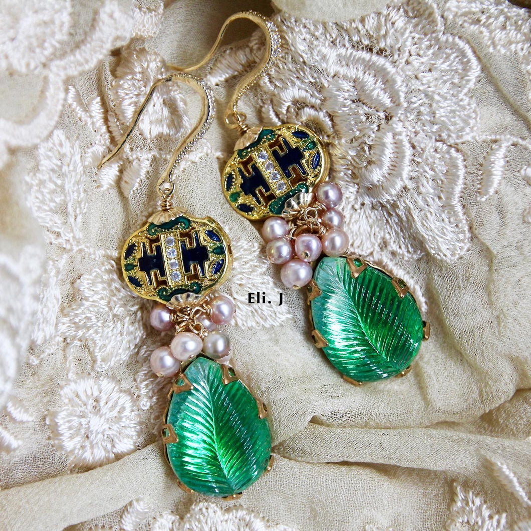 Cloisonne Bead, Vintage Leaf Glass Gems, Pearls 14kGF Earrings