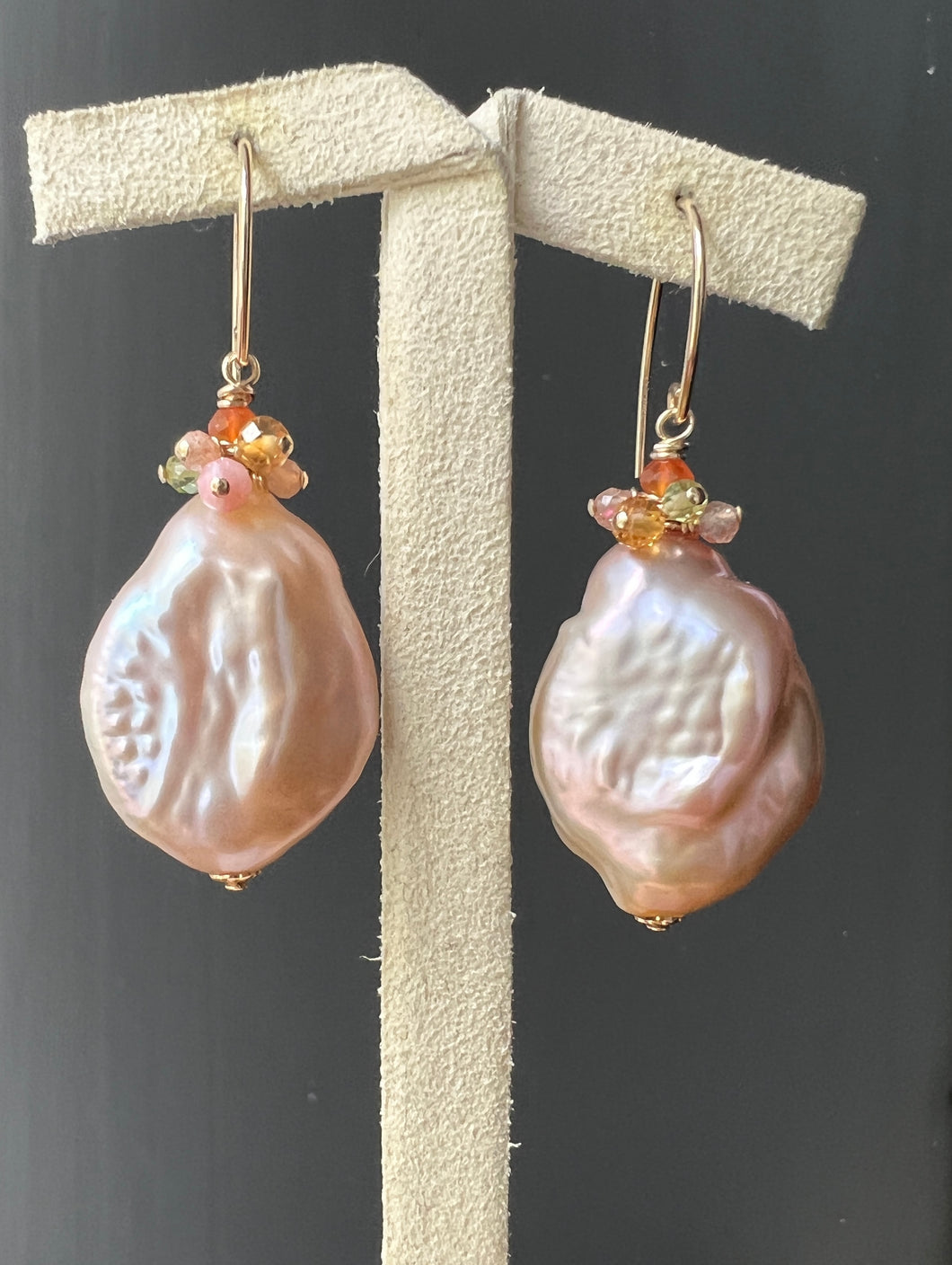 Peach-Pink Large Flat Pearls with Gems 14kGF Earrings