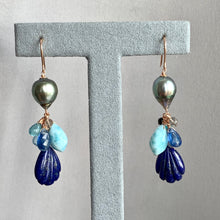 Load image into Gallery viewer, AAA Silver-Green Tahitian Pearls &amp; Lapis Lazuli, Larimar &amp; Blue Gems 14kRGF