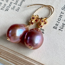 Load image into Gallery viewer, Purple-Pink Large Edison Pearls Bee 14k Gold Filled Earrings